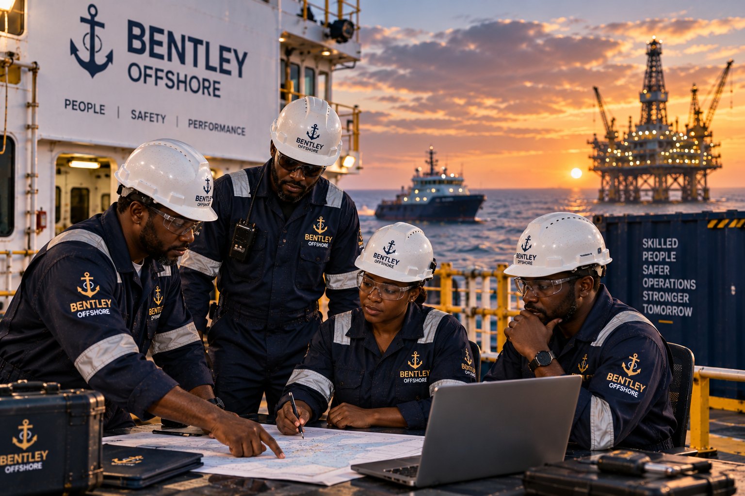 Bentley Offshore personnel coordinating crew and operational support for offshore projects.