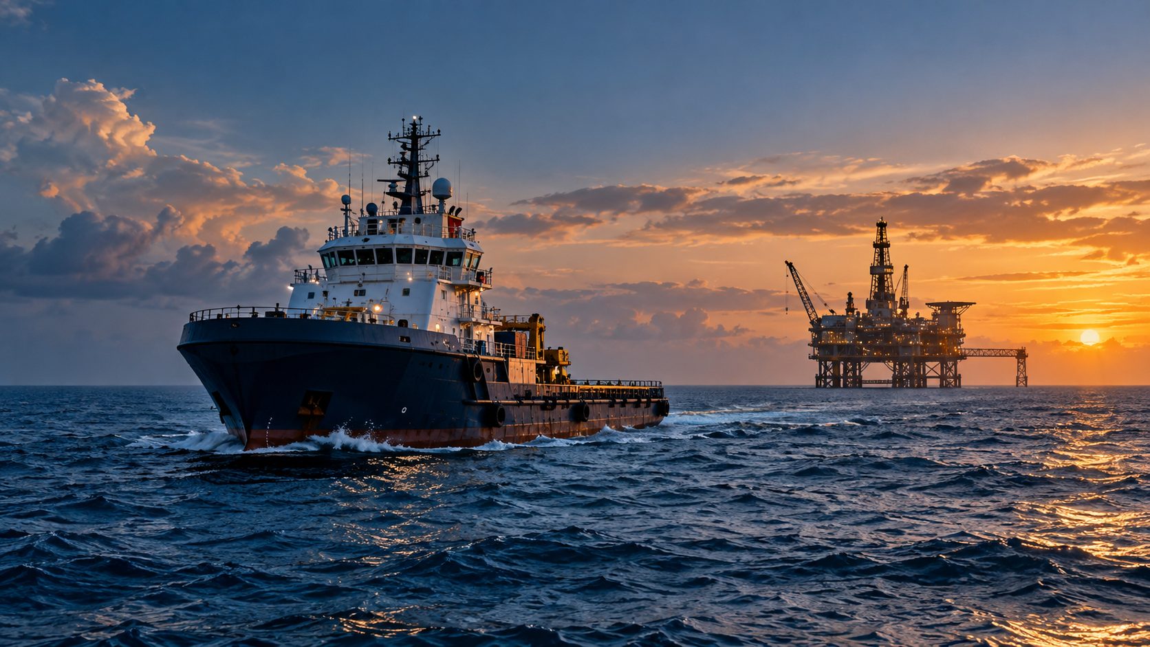 An offshore support vessel underway at sunset near an offshore oil and gas installation at sea.