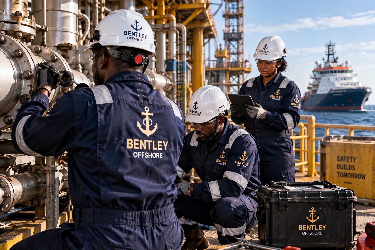 Bentley Offshore engineering and technical team performing offshore equipment inspection.