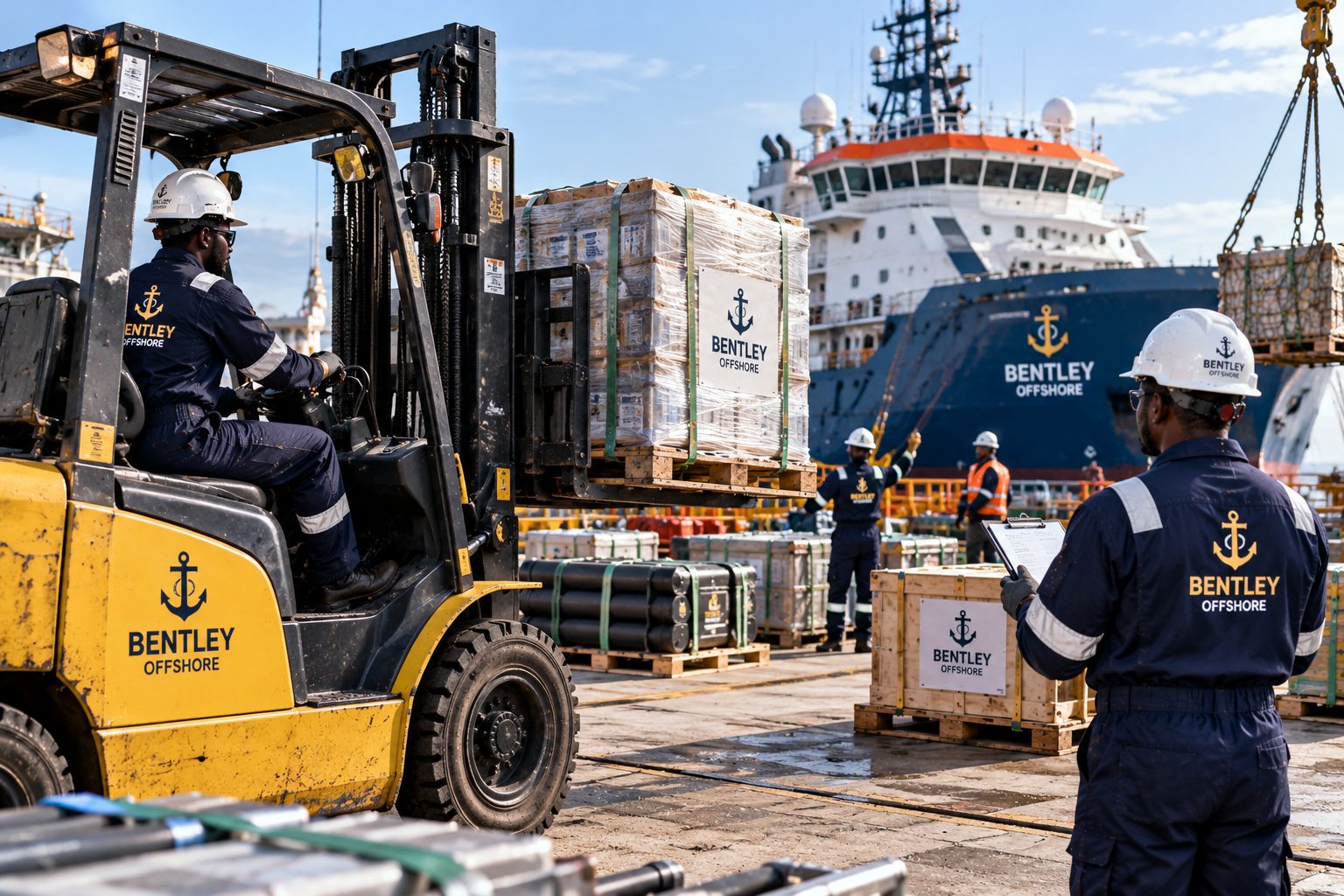 Bentley Offshore procurement and logistics personnel coordinating cargo handling and marine supply operations.